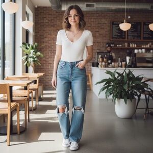 white ripped Bodysuit with deep waved v-neck size large, women